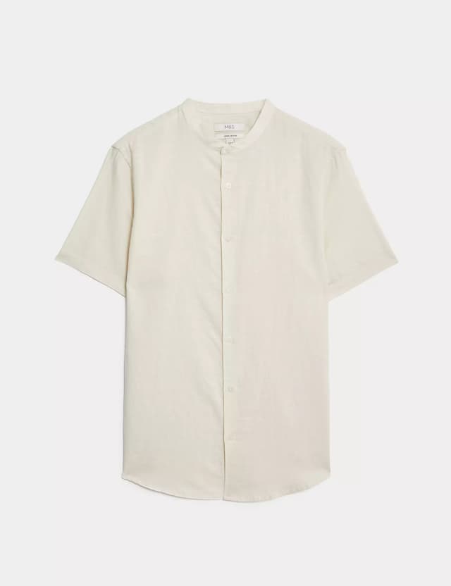 Camisa de manga corta lino/algodón cuello grandad