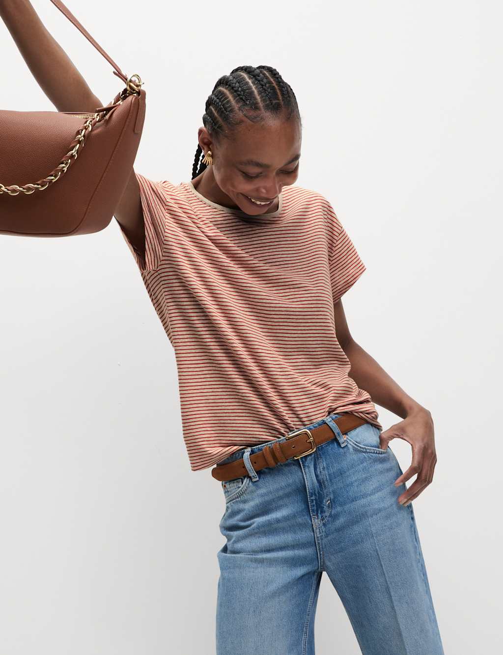 Top de mezcla lino de manga corta con diseño rayas