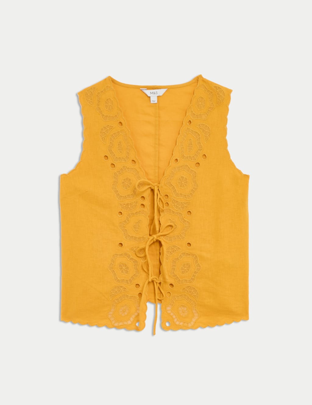 Blusa de lino sin mangas calada y detalle lazos