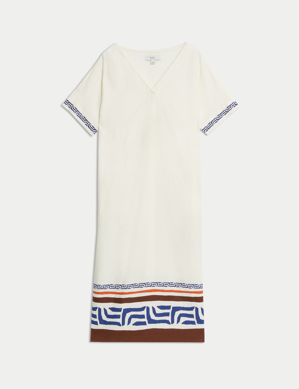 Vestido recto a media pierna de lino de escote en pico estampado