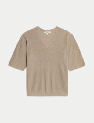 Jersey mezcla de lino de manga corta con escote pico