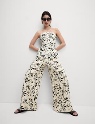 Pantalón de lino estampado de pata ancha