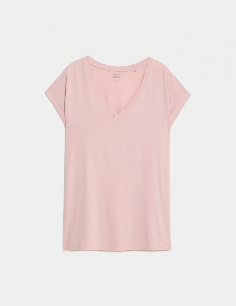 Camiseta básica de manga corta y escote pico de corte relax