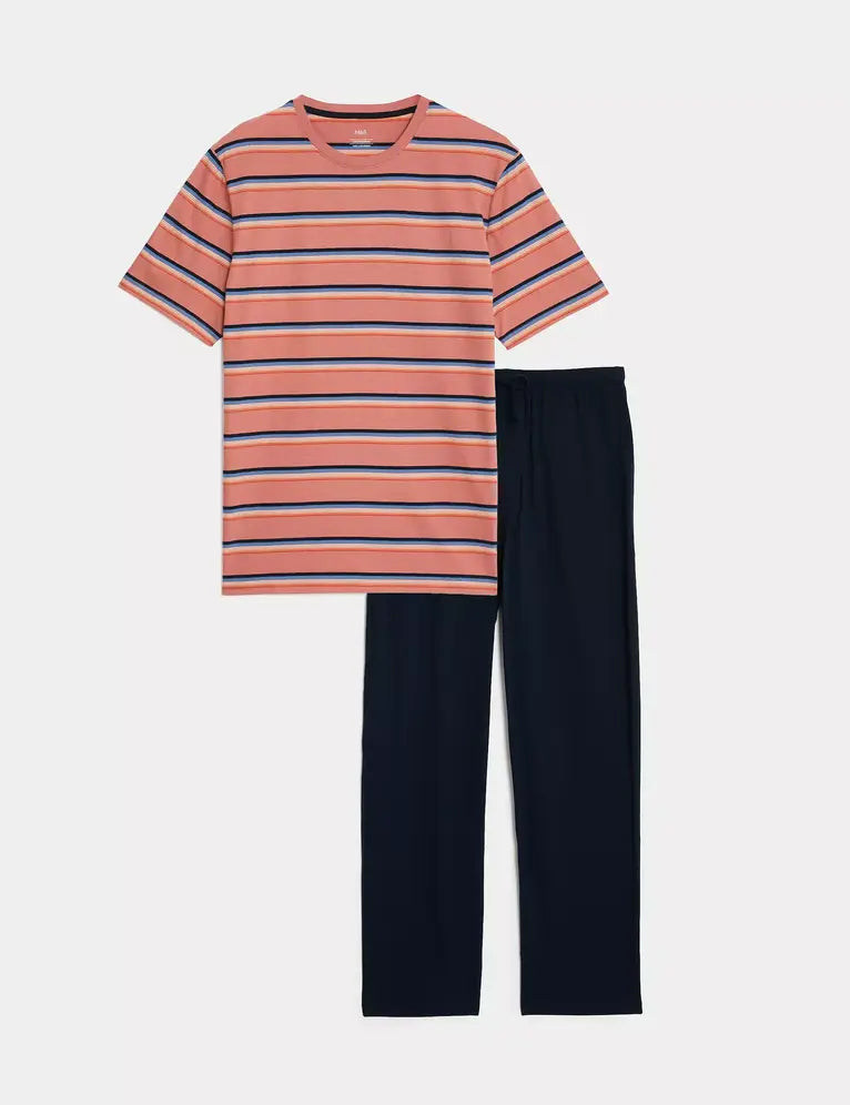 Pijama de punto pantalón largo y top manga corta a rayas