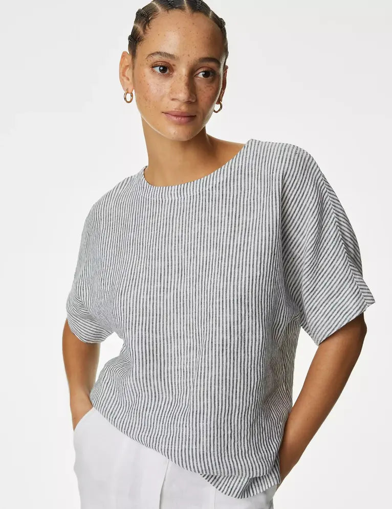 Blusa de lino de rayas manga corta