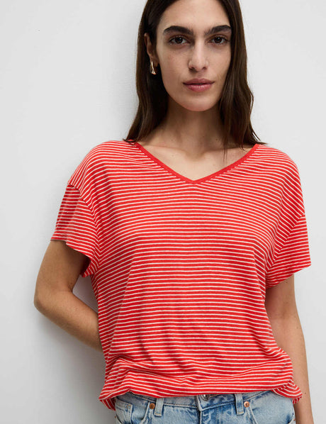 Top de lino de rayas con escote pico