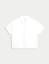 Blusa de lino de manga corta con bolsillo