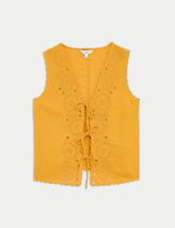 Blusa de lino sin mangas calada y detalle lazos