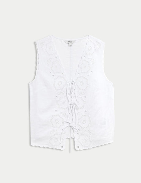 Blusa de lino sin mangas calada y detalle lazos