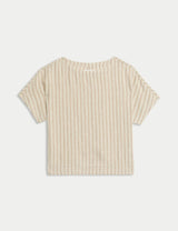 Blusa de lino de manga corta de rayas