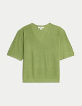 Jersey mezcla de lino de manga corta con escote pico
