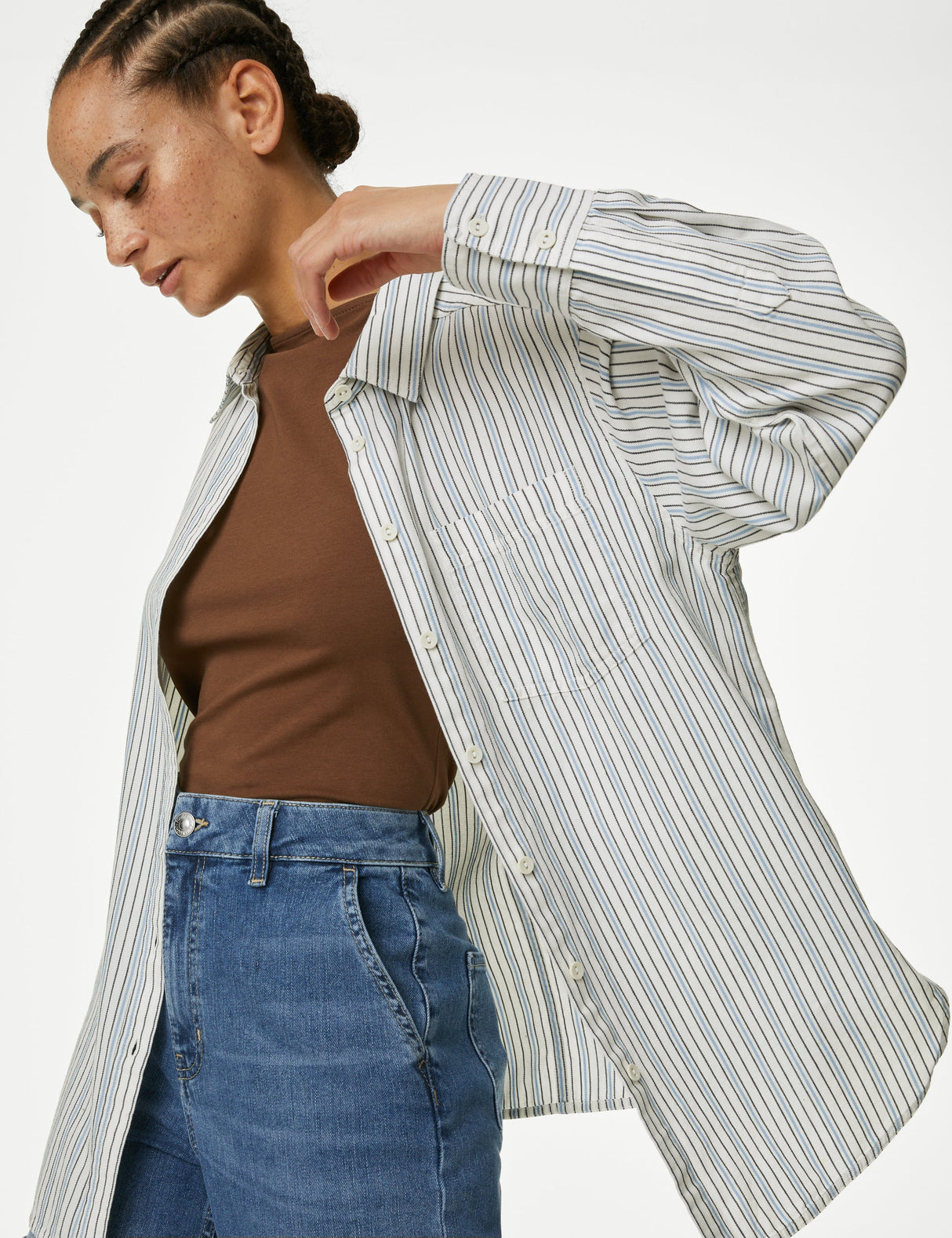 Blusa de manga larga de rayas con bolsillo