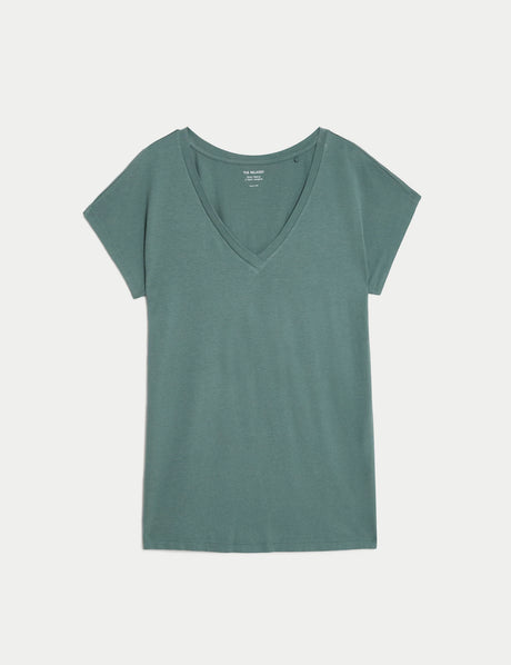 Camiseta básica de manga corta y escote pico de corte relax