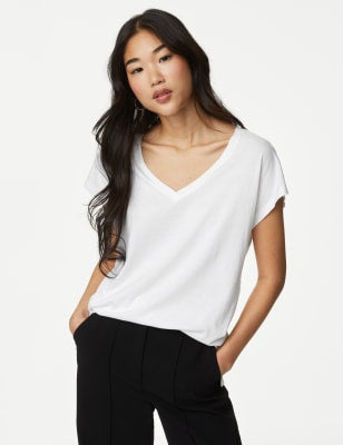 Camiseta básica de manga corta y escote pico de corte relax