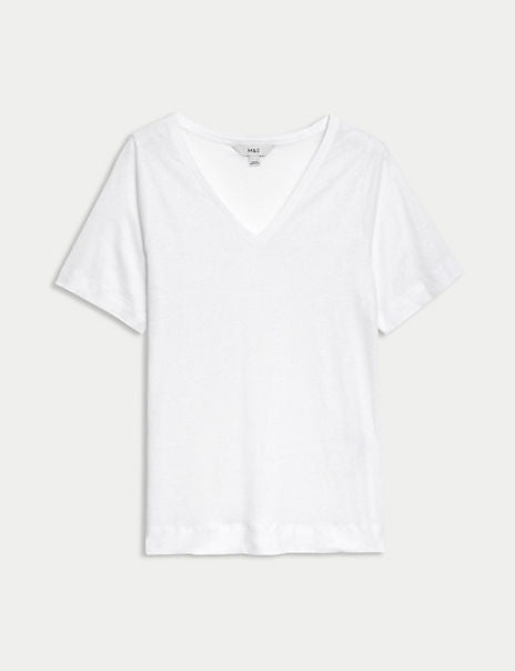 Top de lino de manga corta y escote pico