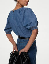 Blusa denim de manga corta estilo puff