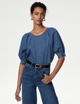 Blusa denim de manga corta estilo puff