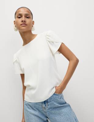 Blusa lisa de manga corta abullonada