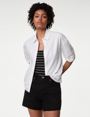 Blusa de lino de manga corta con detalles de crochet