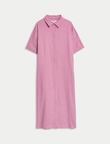 Vestido de lino camisero de manga corta y largo midi