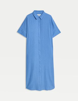 Vestido de lino camisero de manga corta y largo midi