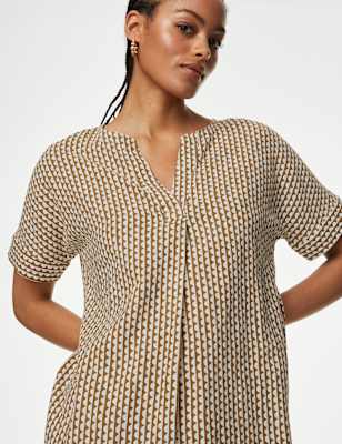 Vestido de lino estampado de manga corta