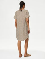 Vestido de lino estampado de manga corta