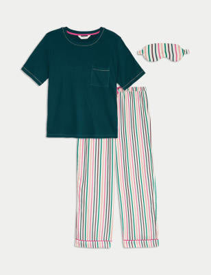 Pijama de manga corta con top liso y pantalón de rayas