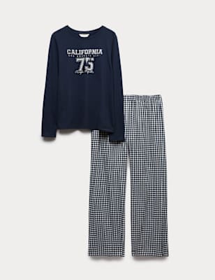 Pijama con top de punto de manga larga y pantalón en tela