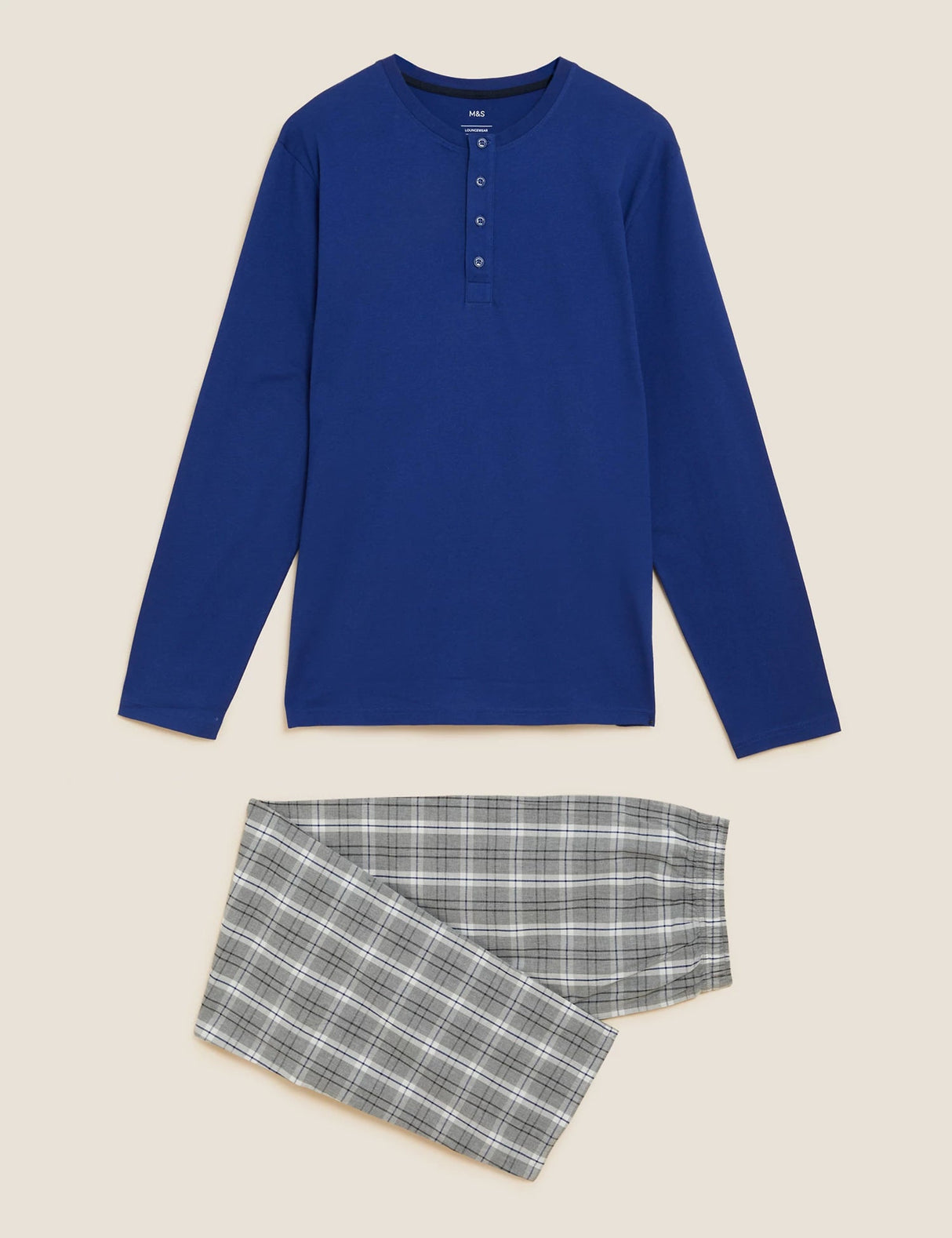 Pijama top manga larga con botones en punto pantalón de tela a cuadros